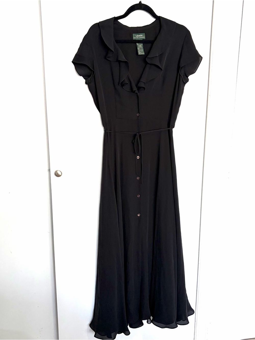 Lauren Ralph Lauren Black 100% Silk Ruffle Button Front Maxi Dress Womens 10